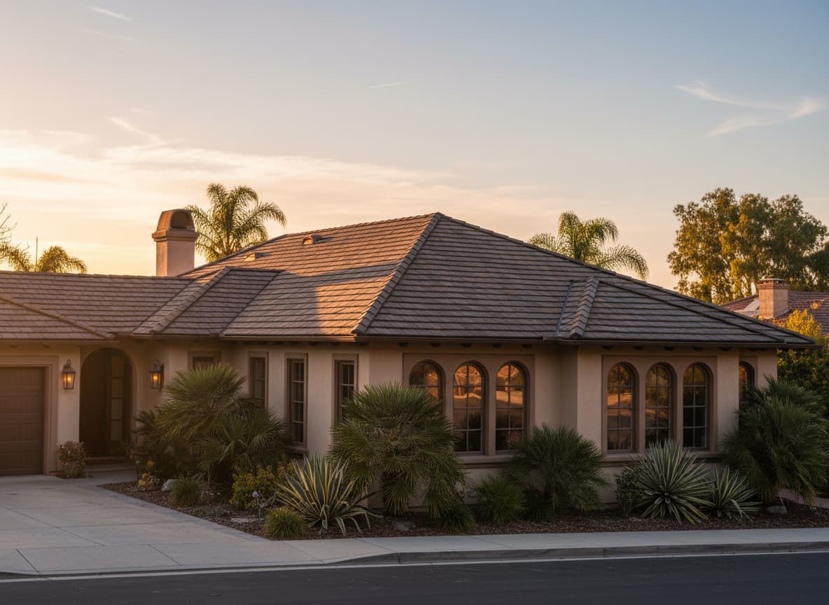 Finished architectural shingle roof on a San Diego home at sunset
