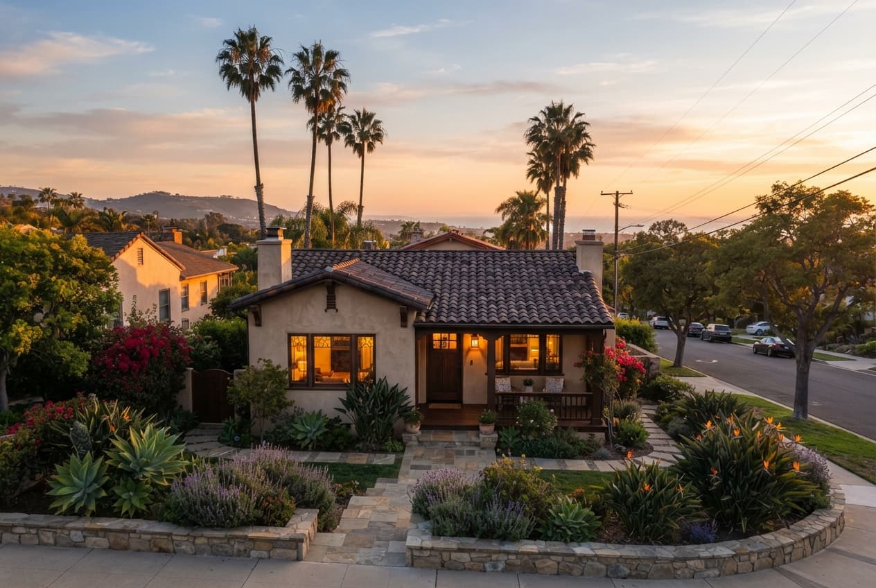 Charming San Diego home at sunset with a well-kept roof and palm trees