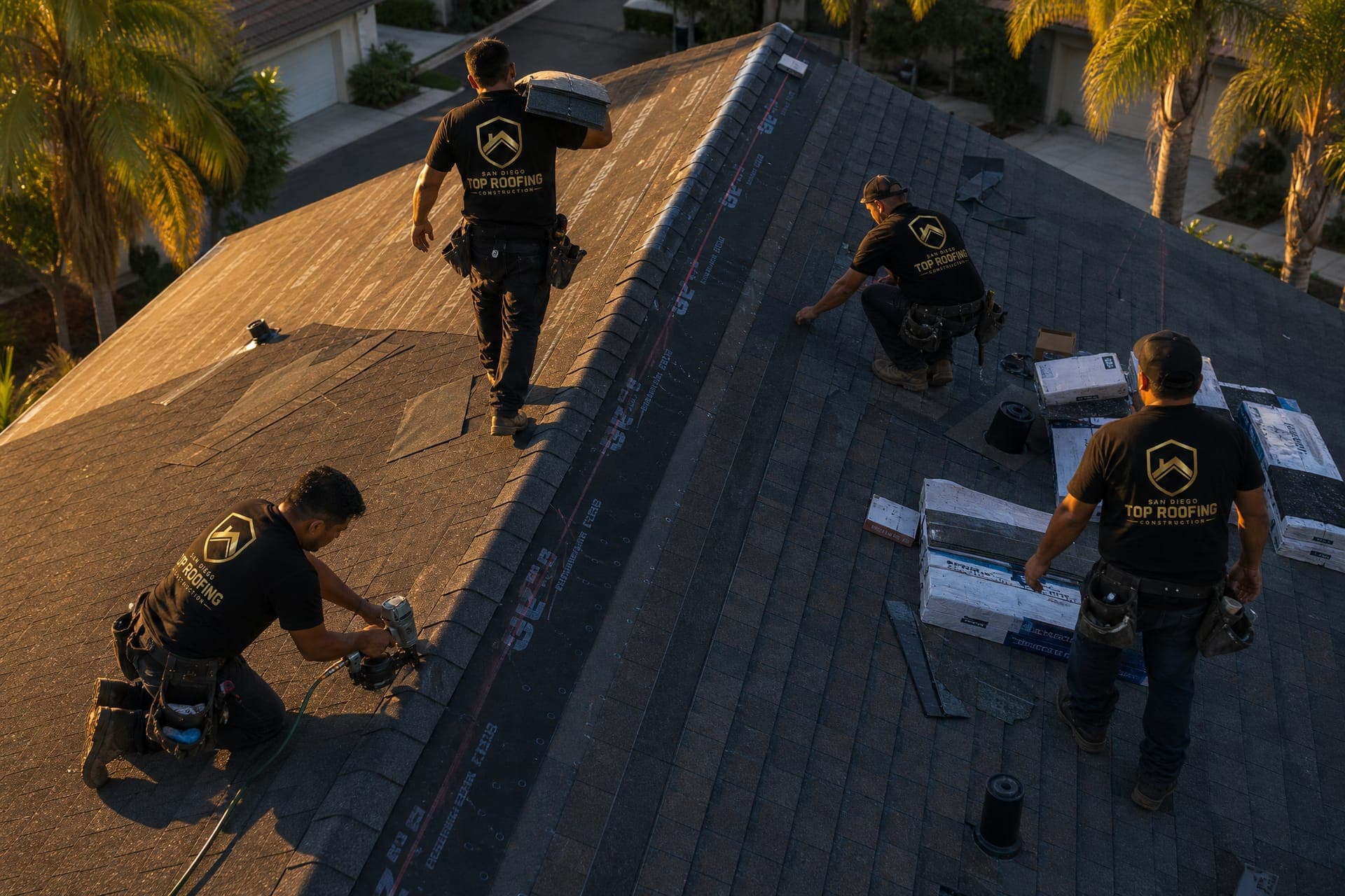 Aerial view of the San Diego Top Roofing Construction crew installing an architectural shingle roof at golden hour